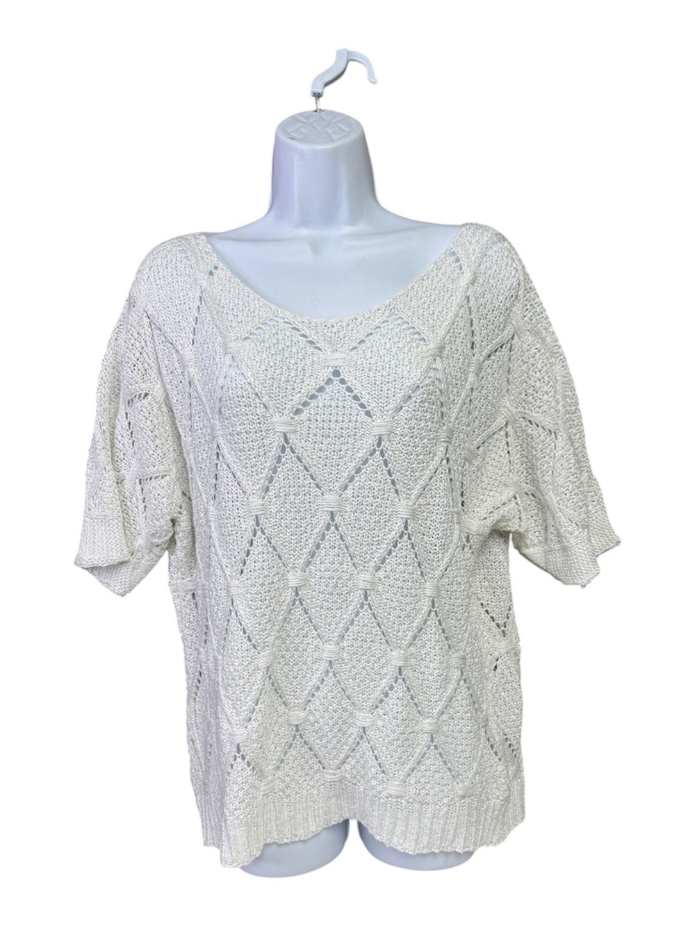 Collezioni Leonardo Open Knit Short Sleeve Top - Cream size small white/silver